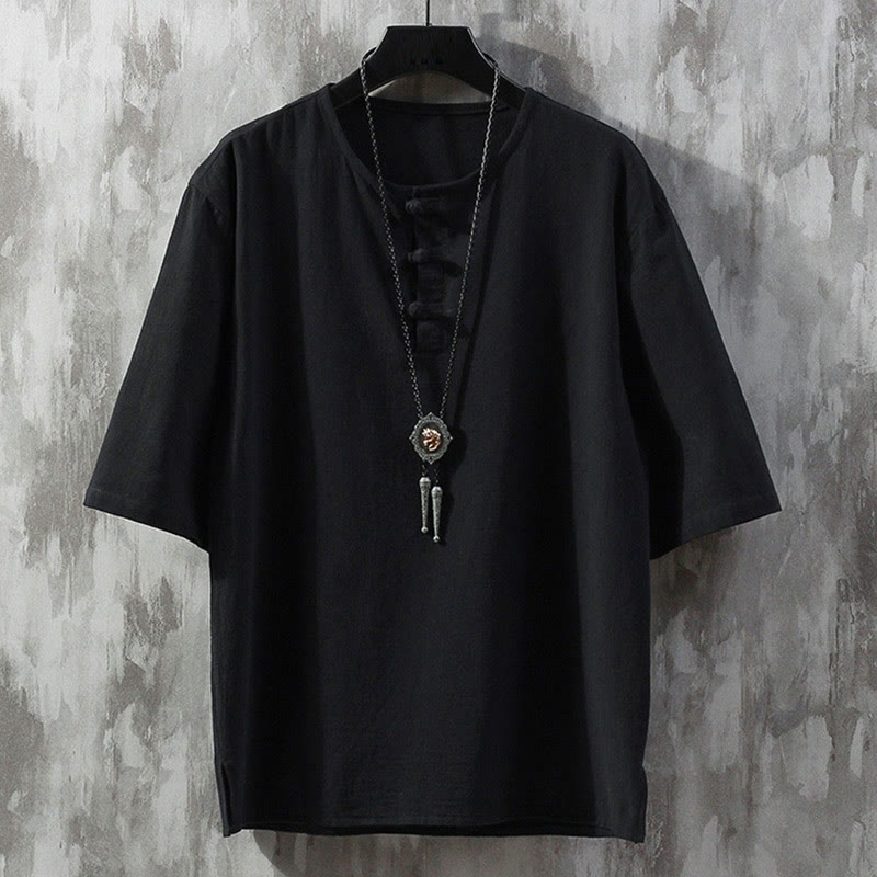 Buddha Stones Frog-Button Plain Color Chinese Tang Suit Half Sleeve Shirt Linen Men Clothing - Black - US/UK/AU46,EU56 (5XL)  - image 5