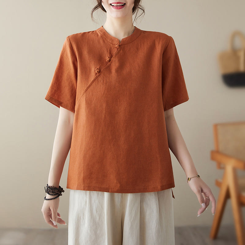 Buddha Stones Solid Color Frog-Button Short Sleeve Cotton Linen Shirt - image 8