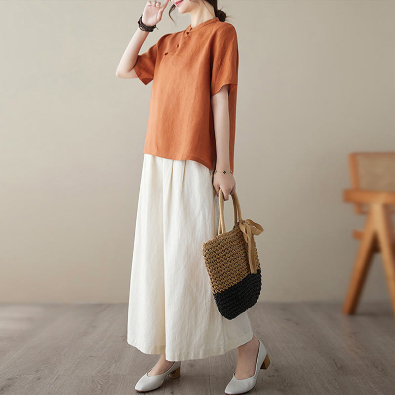 Buddha Stones Solid Color Frog-Button Short Sleeve Cotton Linen Shirt - image 10