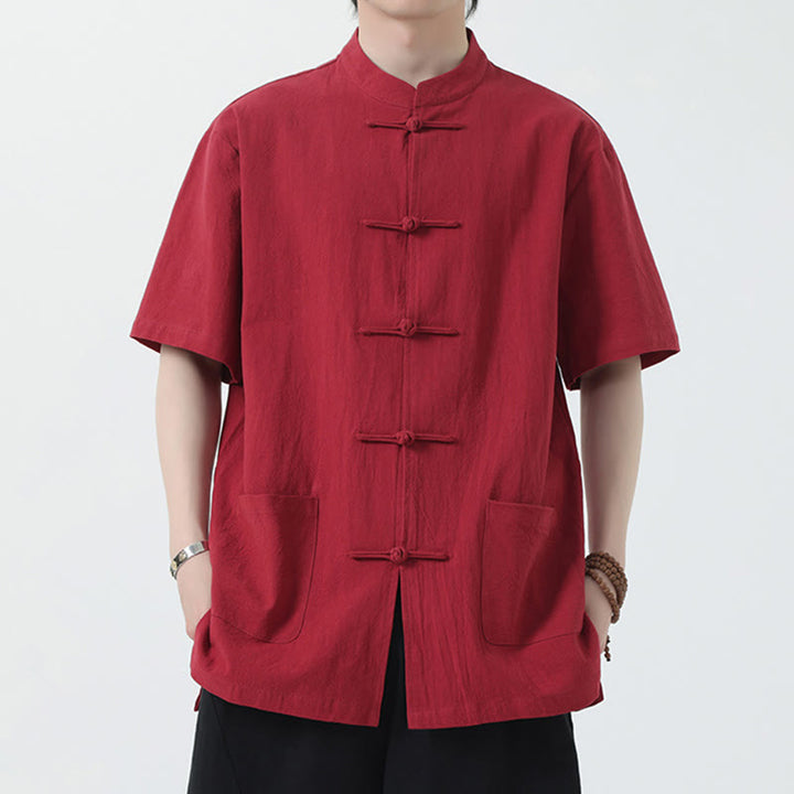 Buddha Stones Frog-Button Chinese Tang Suit Short Sleeve Shirt Linen Men Clothing With Pockets - Red - US/UK/AU46,EU56 (5XL) - image 1