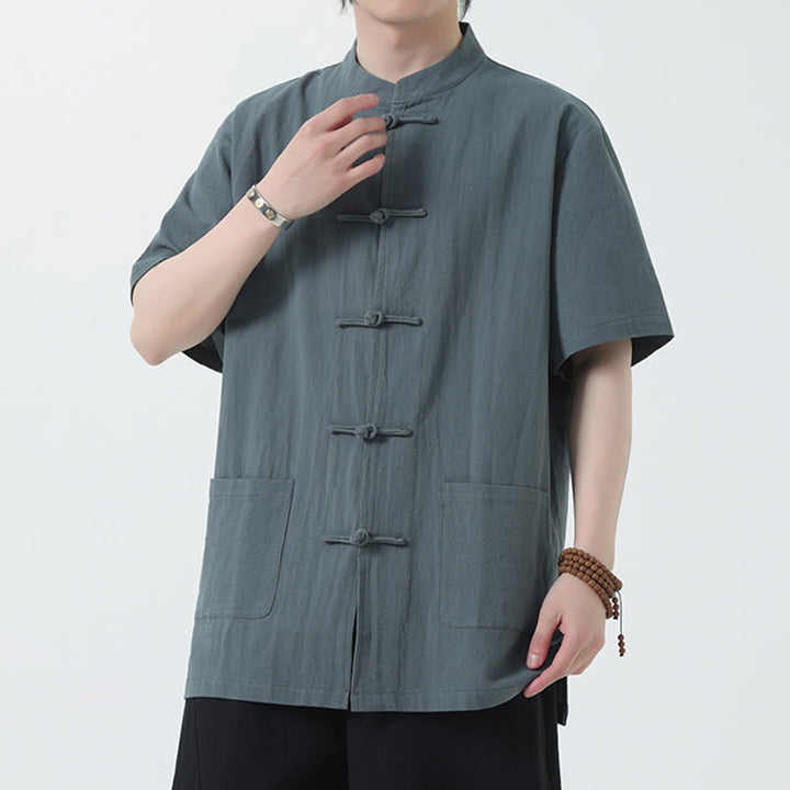 Buddha Stones Frog-Button Chinese Tang Suit Short Sleeve Shirt Linen Men Clothing With Pockets - LightSlateGray - US/UK/AU46,EU56 (5XL) - image 8