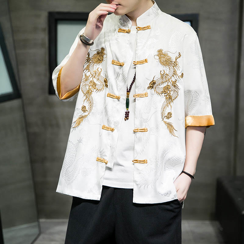 Buddha Stones Frog-Button Chinese Dragon Embroidery Half Sleeve Shirt Linen Men Clothing - White - US/UK/AU48,EU58(5XL)  - image 11