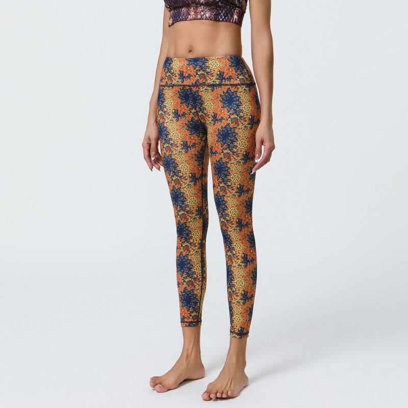 Buddha Stones Flowers Geometric Mandalas Print Sports Fitness Yoga High Waist Leggings Women's Pants - Yellow Blue Flowers - US12,UK/AU16,EU44 (XL) - image 1