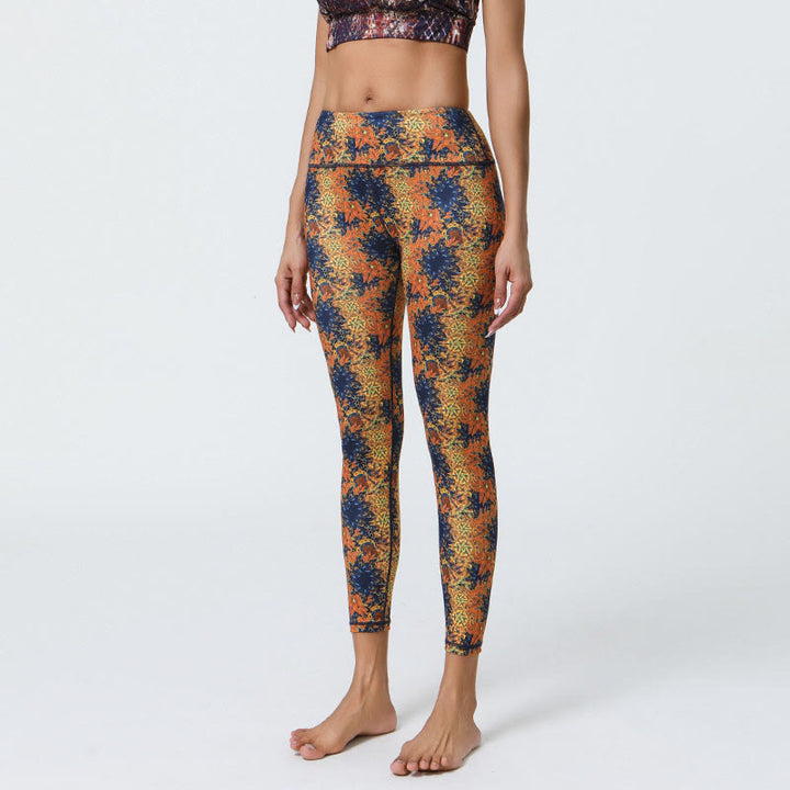 Buddha Stones Flowers Geometric Mandalas Print Sports Fitness Yoga High Waist Leggings Women's Pants - Yellow Blue Flowers - US12,UK/AU16,EU44 (XL) - image 1