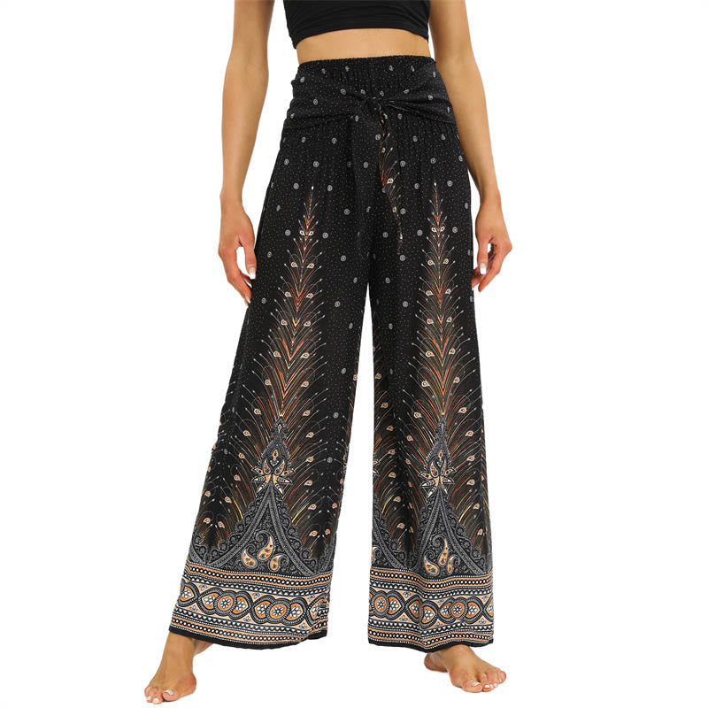 Buddha Stones Boho Peacock Feathers Lace-up Wide Leg Pants Women's Yoga Pants - Sienna - US2-12,UK/AU6-16,EU34-44 (F) - image 1