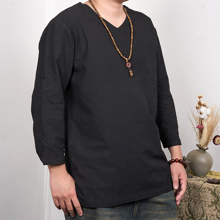 Buddha Stones Solid Color Three Quarter Sleeve Men's T-shirt - Black - US/UK/AU48,EU58 (4XL) - image 3