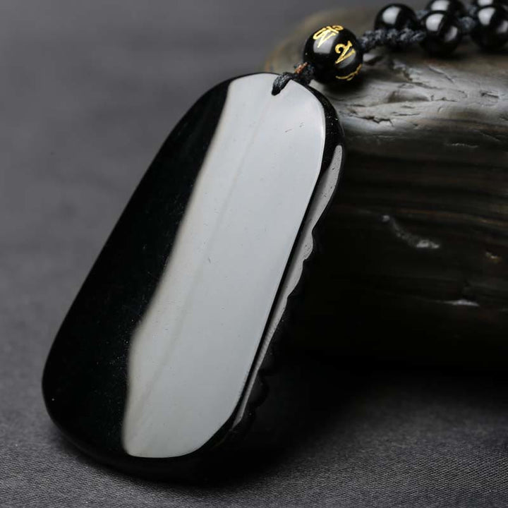 Buddha Stones Black Obsidian Koi Fish Engraved Strength Beaded Necklace Pendant - image 5