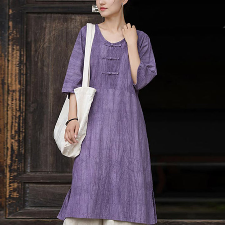 Buddha Stones Handmade Tie Dye Ramie Linen Frog-Button Midi Dress Wide Leg Pants With Pockets - Purple Dress(Dress Only) - US4-8/10,UK/AU8-12/14,EU36-40/42 (F) - image 6