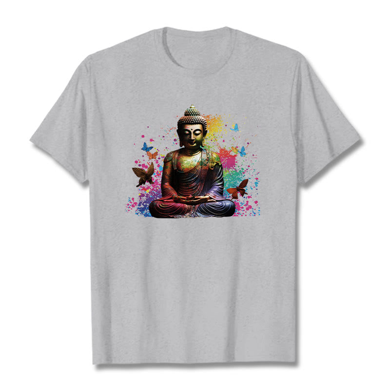 Buddha Stones Colorful Butterfly Flying Meditation Buddha Tee T-shirt - LightGrey - 2XL - image 19
