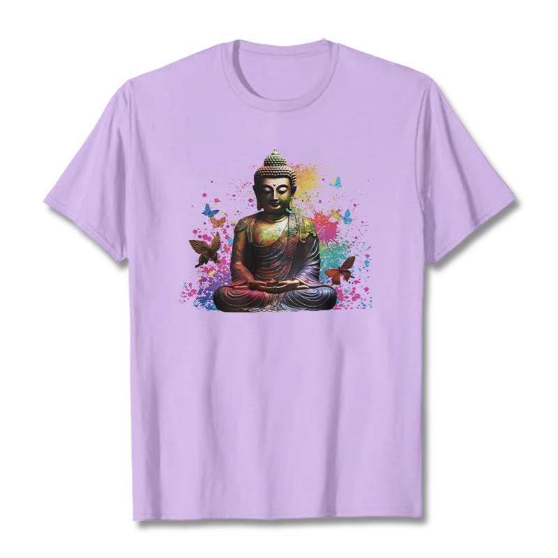 Buddha Stones Colorful Butterfly Flying Meditation Buddha Tee T-shirt - Plum - 2XL - image 16