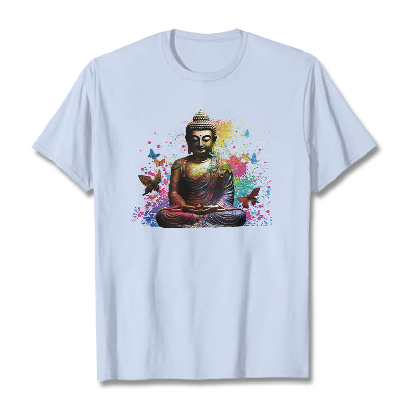Buddha Stones Colorful Butterfly Flying Meditation Buddha Tee T-shirt - LightCyan - 2XL - image 18