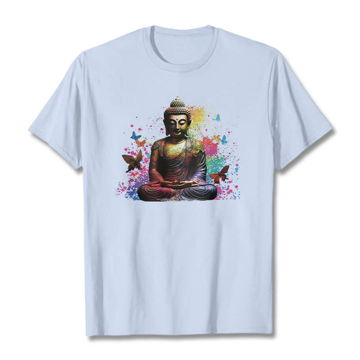 Buddha Stones Colorful Butterfly Flying Meditation Buddha Tee T-shirt - LightCyan - 2XL - image 18
