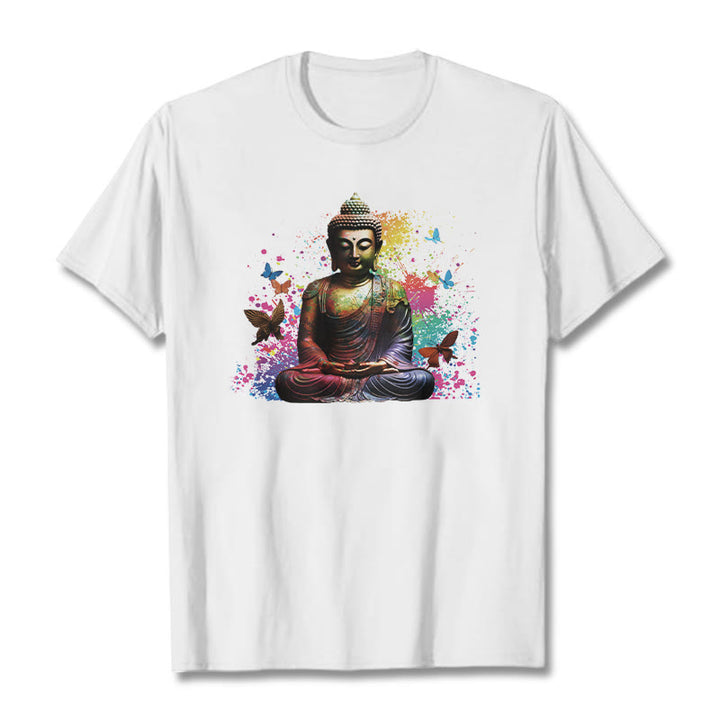 Buddha Stones Colorful Butterfly Flying Meditation Buddha Tee T-shirt - White - 2XL - image 5