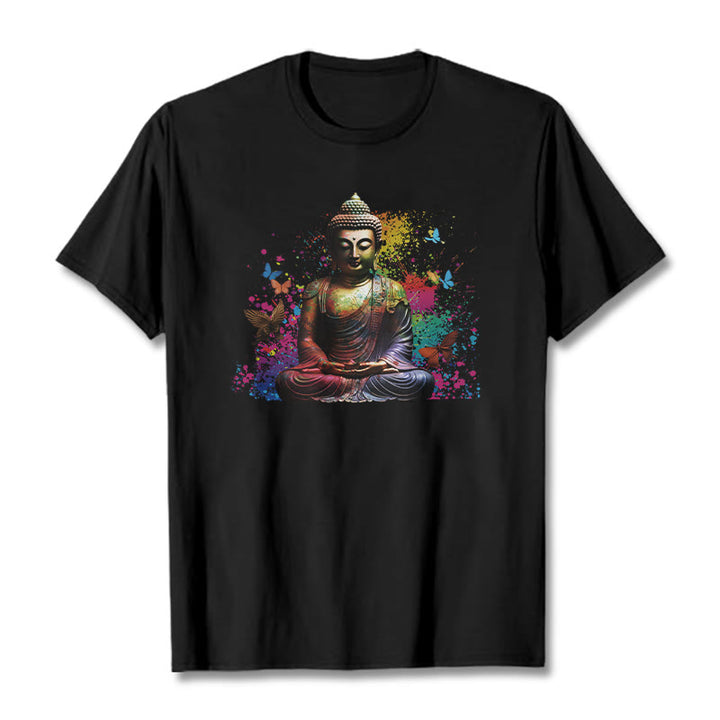 Buddha Stones Colorful Butterfly Flying Meditation Buddha Tee T-shirt - Black - 2XL - image 1
