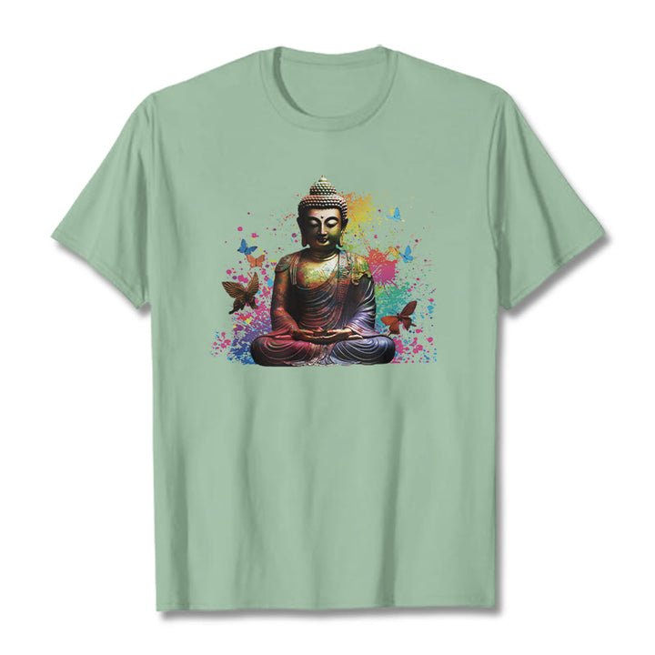 Buddha Stones Colorful Butterfly Flying Meditation Buddha Tee T-shirt - PaleGreen - 2XL - image 14