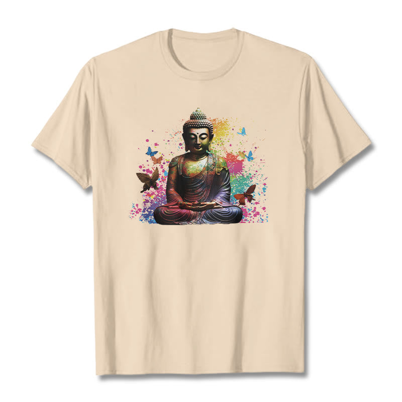 Buddha Stones Colorful Butterfly Flying Meditation Buddha Tee T-shirt - Bisque - 2XL - image 8
