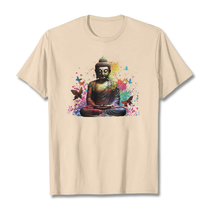 Buddha Stones Colorful Butterfly Flying Meditation Buddha Tee T-shirt - Bisque - 2XL - image 8