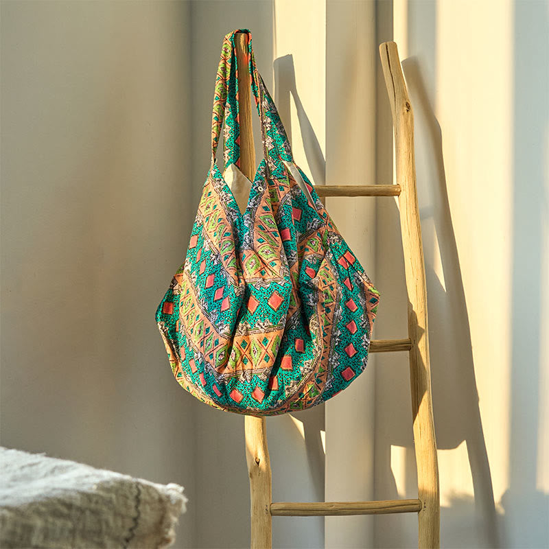 Buddha Stones Colored Stripes Pattern Cotton Shoulder Bag - Green 50*20*40cm - image 17