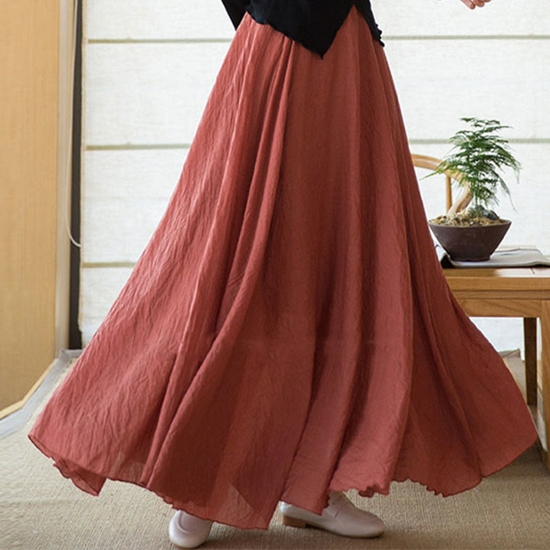 Buddha Stones Solid Color Elastic High Waist Linen Skirt - image 2