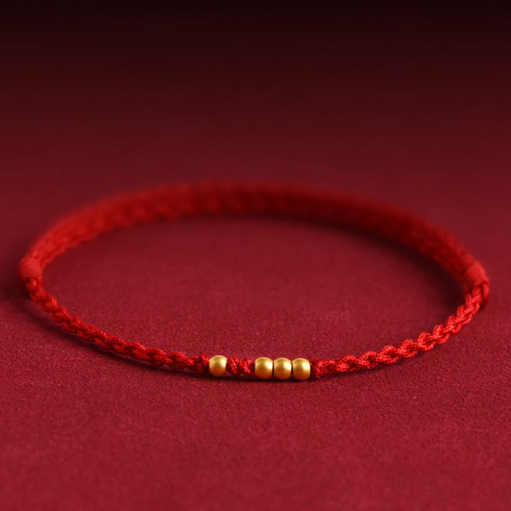 Buddha Stones 999 Gold Beads Luck Braided Protection Couple Bracelet - Red Rope(One&Three Gold Beads) - 24cm - image 0