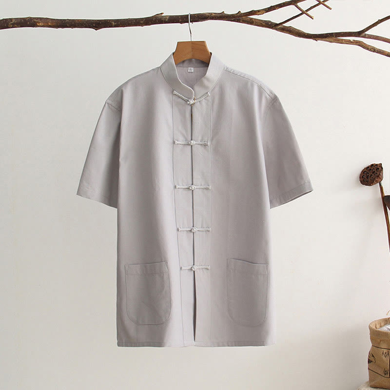 Buddha Stones Chinese Frog-Button Tang Suit Men's Short Sleeve Cotton Shirt With Pockets - LightGrey - US/UK/AU44,EU54 (4XL) - image 9