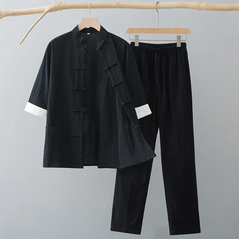 Buddha Stones Traditional Frog-Button Tang Suit Cotton Half Sleeve Top Pants Clothing Men's Set - Black Top&Black Pants - US/UK/AU44,EU54 (4XL)  - image 9