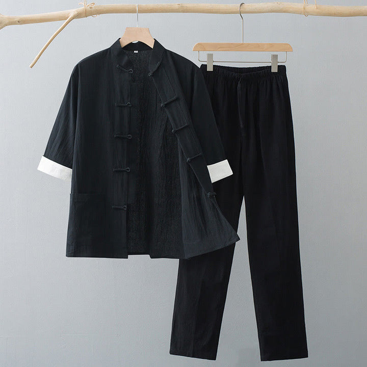Buddha Stones Traditional Frog-Button Tang Suit Cotton Half Sleeve Top Pants Clothing Men's Set - Black Top&Black Pants - US/UK/AU44,EU54 (4XL)  - image 9