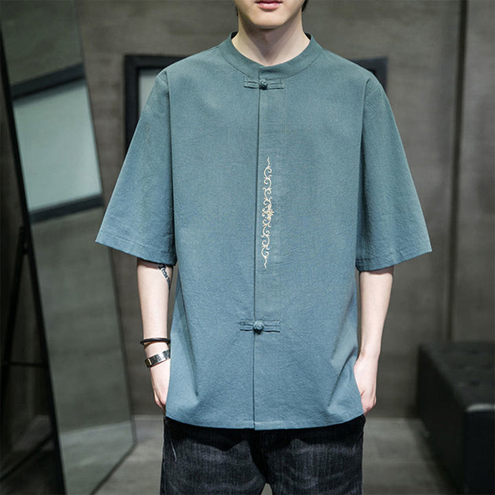 Buddha Stones Plain Color Frog-Button Embroidery Men's Half Sleeve Cotton Shirt - Turquoise - US/UK/AU46,EU56 (5XL) - image 0