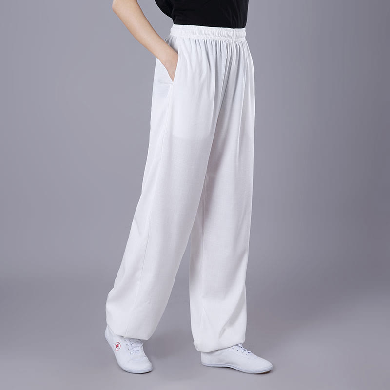 Buddha Stones Summer Unisex Elastic Waist Tai Chi Qigong Practice Breathable Cotton Linen Pants With Pockets - White - 3XL-FIT FOR US/UK/AU/EU-2XL - image 1