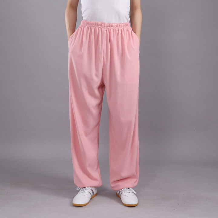 Buddha Stones Summer Unisex Elastic Waist Tai Chi Qigong Practice Breathable Cotton Linen Pants With Pockets - Pink - 3XL-FIT FOR US/UK/AU/EU-2XL - image 26