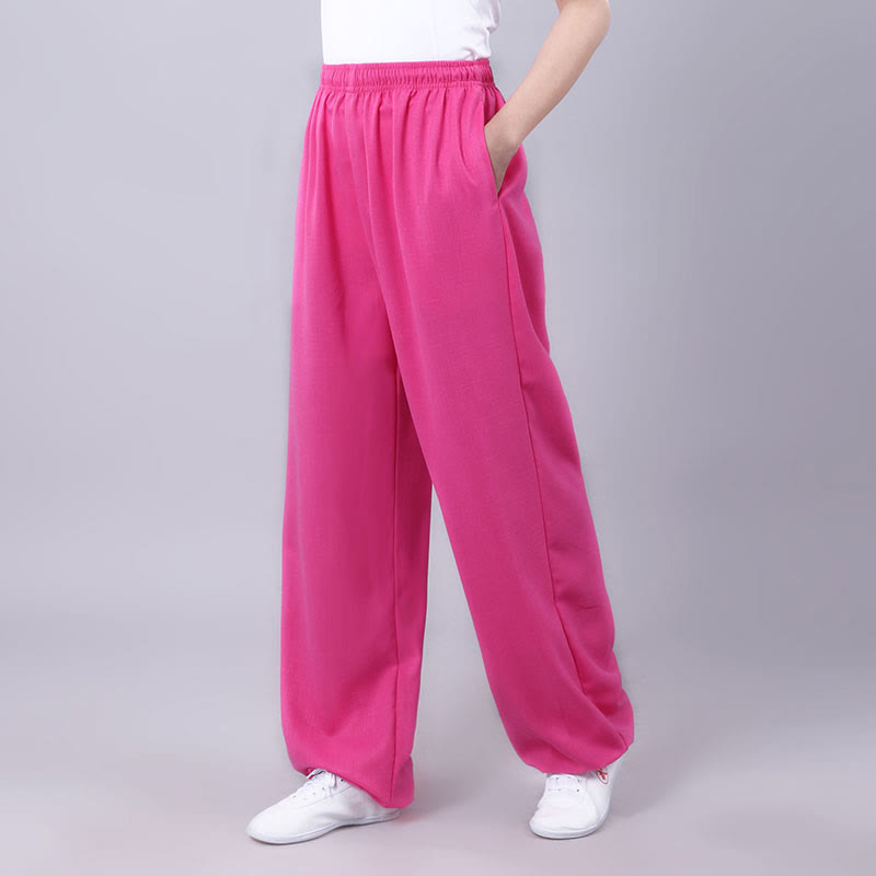 Buddha Stones Summer Unisex Elastic Waist Tai Chi Qigong Practice Breathable Cotton Linen Pants With Pockets - HotPink - 3XL-FIT FOR US/UK/AU/EU-2XL - image 20