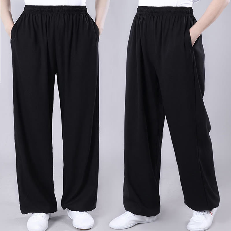 Buddha Stones Summer Unisex Elastic Waist Tai Chi Qigong Practice Breathable Cotton Linen Pants With Pockets - image 11