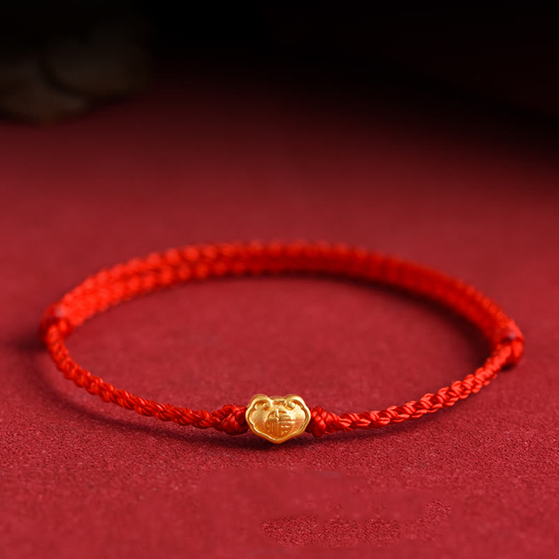 Buddha Stones 999 Gold Chinese Lock Charm Fu Character Protection Handmade Rope Bracelet - Red - Baby Version Fit For 0-4 Years Old(Wrist Circumference 12-18cm) - image 1