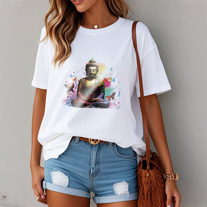 Buddha Stones Colorful Butterfly Flying Meditation Buddha Tee T-shirt - image 7