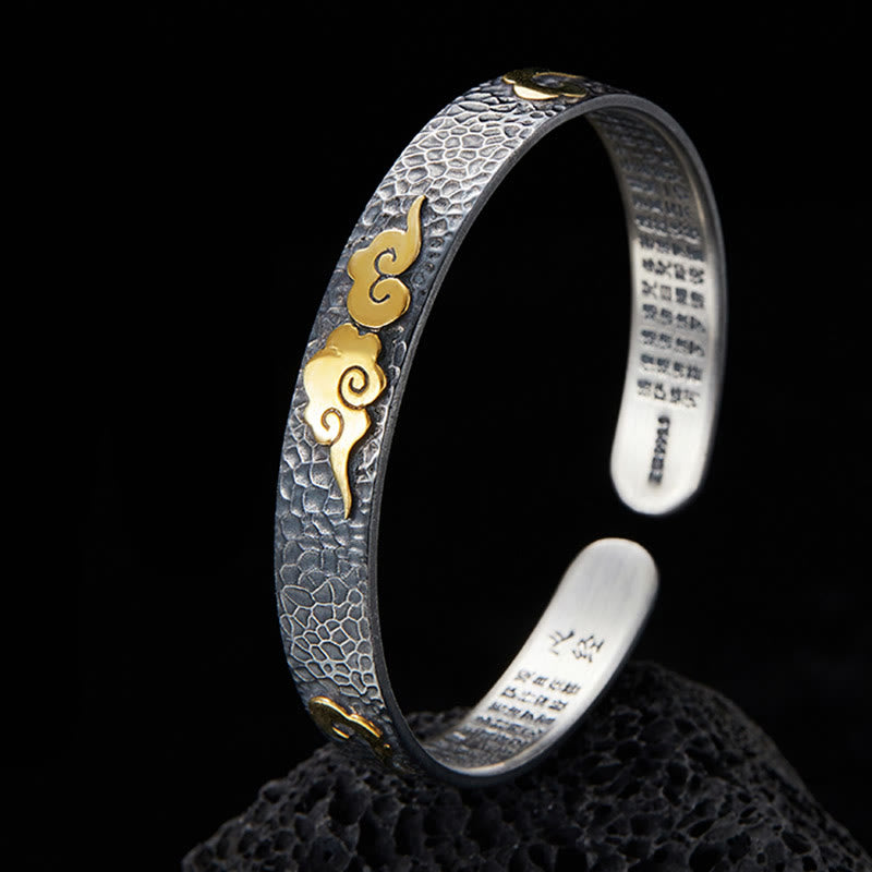Buddha Stones Retro 999 Sterling Silver Heart Sutra Auspicious Cloud Wealth Cuff Bracelet Bangle - 999 Sterling Silver(Dark)(Wrist Circumference:15-18cm) - image 0