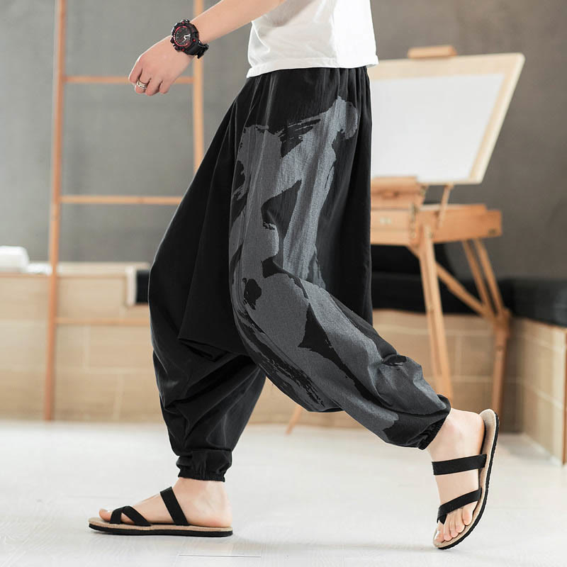 Buddha Stones Simple Summer Calligraphy Cotton Men's Harem Pants With Pockets - Black - US/UK/AU46,EU56 (5XL) - image 0