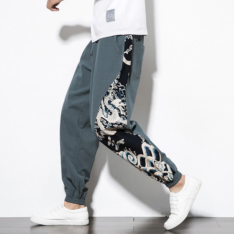 Buddha Stones Summer Dragon Waves Cotton Men's Pants With Pockets - PowderBlue - US/UK/AU46,EU56 (5XL)  - image 1