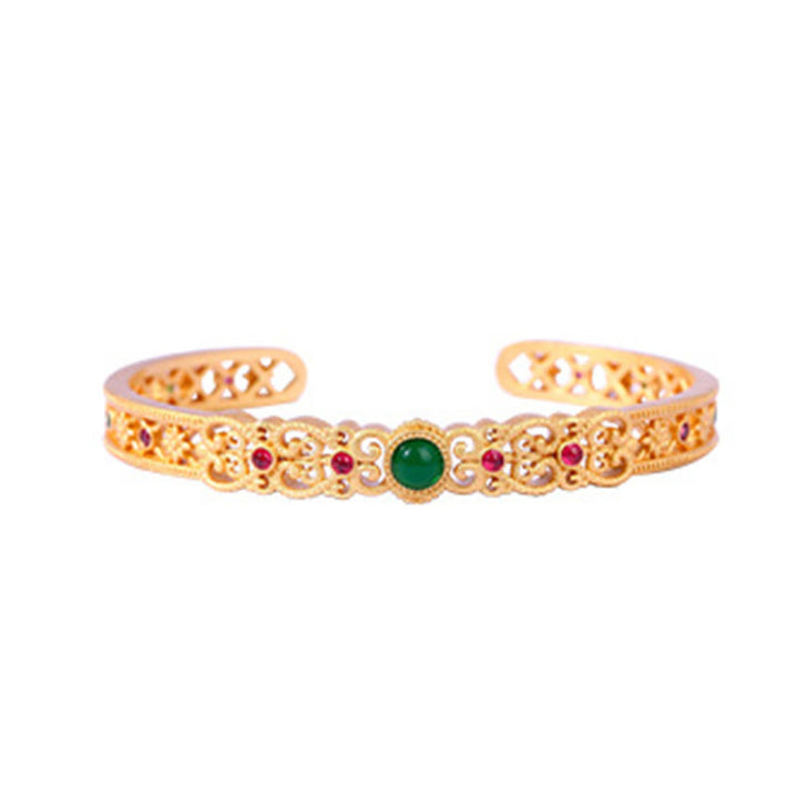 Buddha Stones Green Chalcedony 24k Gold Plated Copper Strength Cuff Bracelet Bangle - image 4
