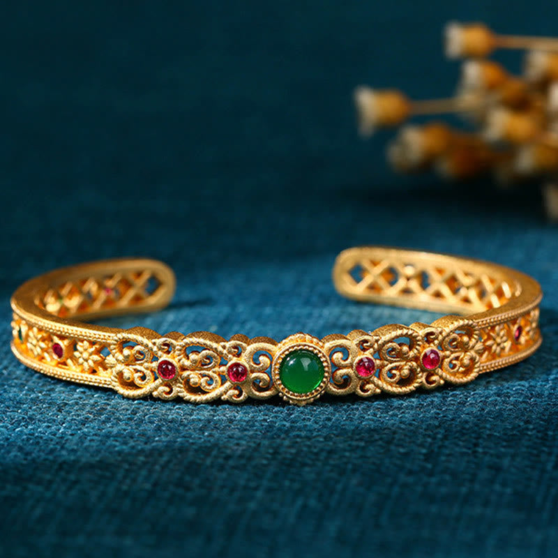 Buddha Stones Green Chalcedony 24k Gold Plated Copper Strength Cuff Bracelet Bangle - image 2