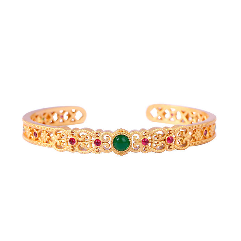 Buddha Stones Green Chalcedony 24k Gold Plated Copper Strength Cuff Bracelet Bangle - image 5