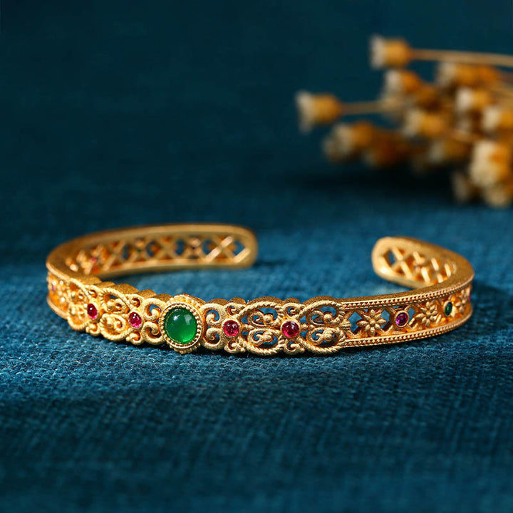 Buddha Stones Green Chalcedony 24k Gold Plated Copper Strength Cuff Bracelet Bangle - image 3