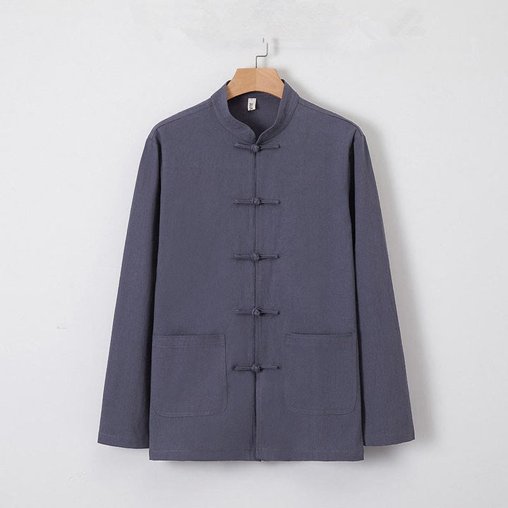 Buddha Stones Men's Tang Long Sleeve Shirt Frog Button With Pocket Stand Collar Comfort Linen Shirt - SlateGray - US/UK/AU46,EU56 (5XL) - image 6