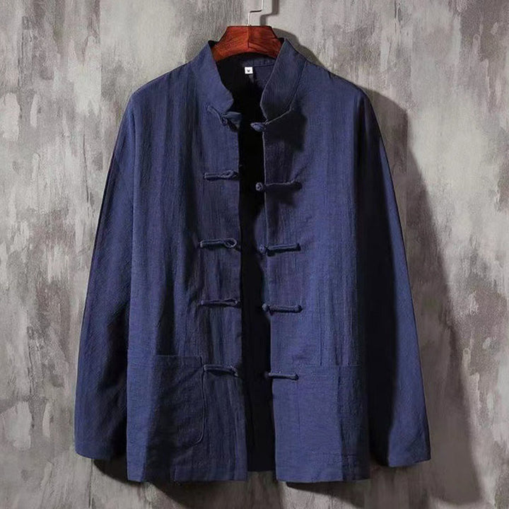 Buddha Stones Men's Tang Long Sleeve Shirt Frog Button With Pocket Stand Collar Comfort Linen Shirt - MidnightBlue - US/UK/AU46,EU56 (5XL) - image 9