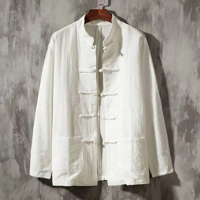 Buddha Stones Men's Tang Long Sleeve Shirt Frog Button With Pocket Stand Collar Comfort Linen Shirt - White - US/UK/AU46,EU56 (5XL) - image 1