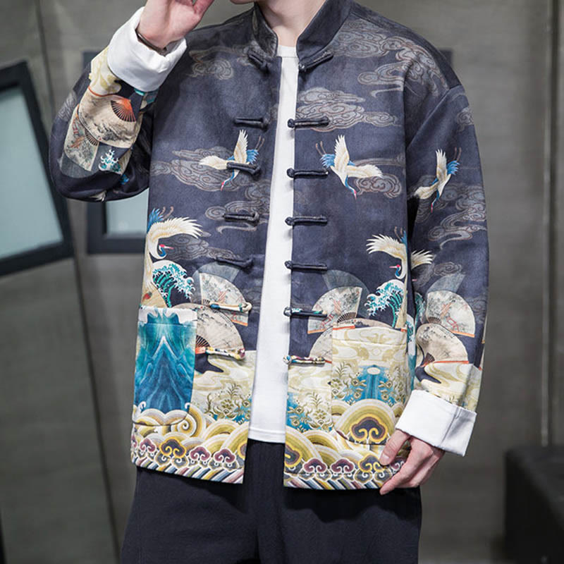 Buddha Stones Frog-Button Chinese Tang Suit Crane Character Long Shirt Cotton Suede Men Jacket Clothing - MidnightBlue - US/UK/AU46,EU56 (5XL) - image 8