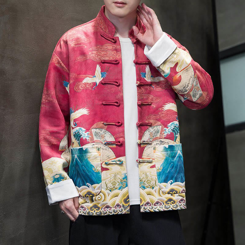 Buddha Stones Frog-Button Chinese Tang Suit Crane Character Long Shirt Cotton Suede Men Jacket Clothing - Crimson - US/UK/AU46,EU56 (5XL) - image 16