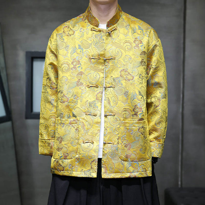 Buddha Stones Frog-Button Chinese Tang Suit Stand Collar Long Shirt Men Jacket Clothing - Gold - US/UK/AU46,EU56 (5XL) - image 18