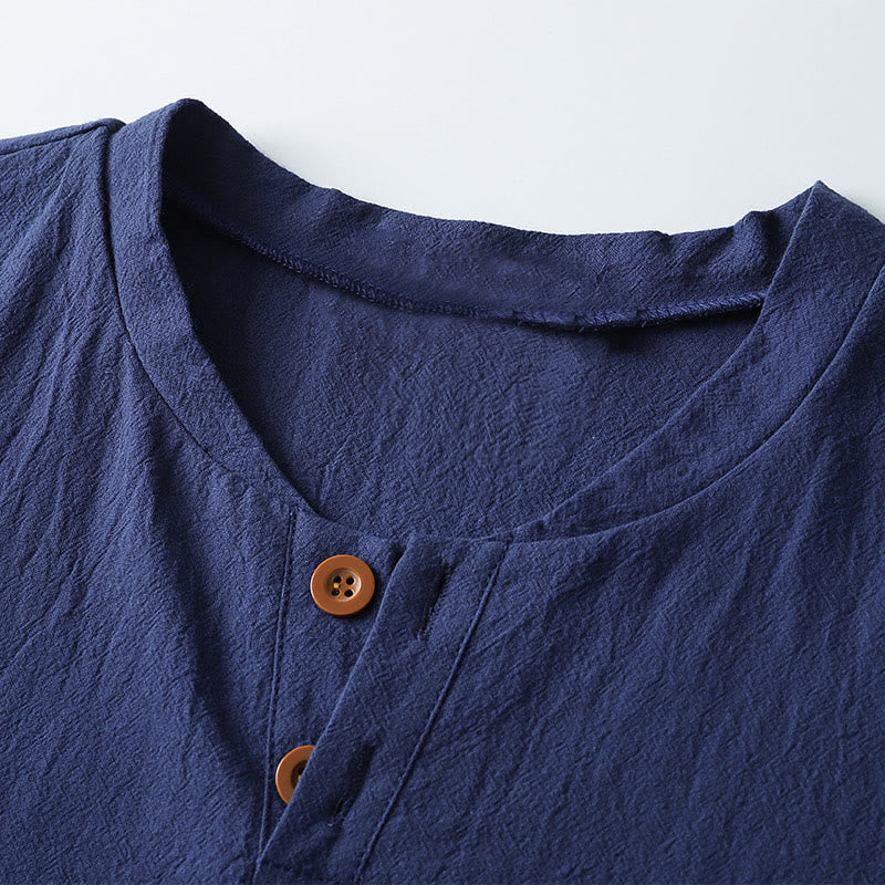 Buddha Stones Loose Men's T-shirt Solid Color Top Short Sleeve Button Notched Neck Soft Cotton Linen Shirt - image 5