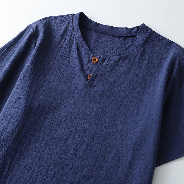 Buddha Stones Loose Men's T-shirt Solid Color Top Short Sleeve Button Notched Neck Soft Cotton Linen Shirt - image 4