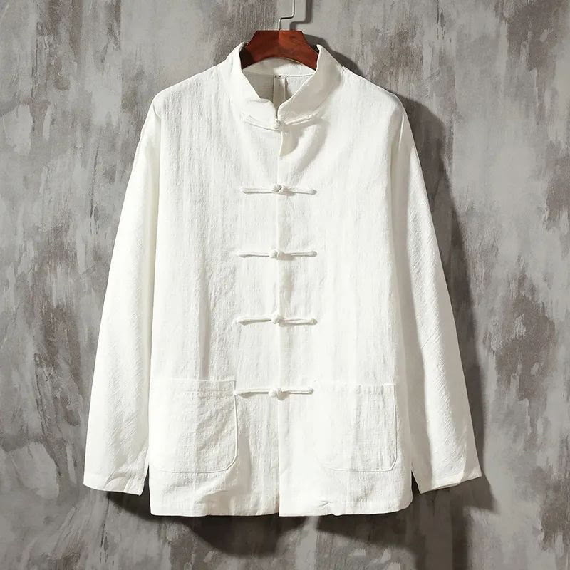 Buddha Stones Stand Collar Tang Suit Casual Cotton Linen Shirt - White - US/UK/AU44,EU54 (5XL) - image 1